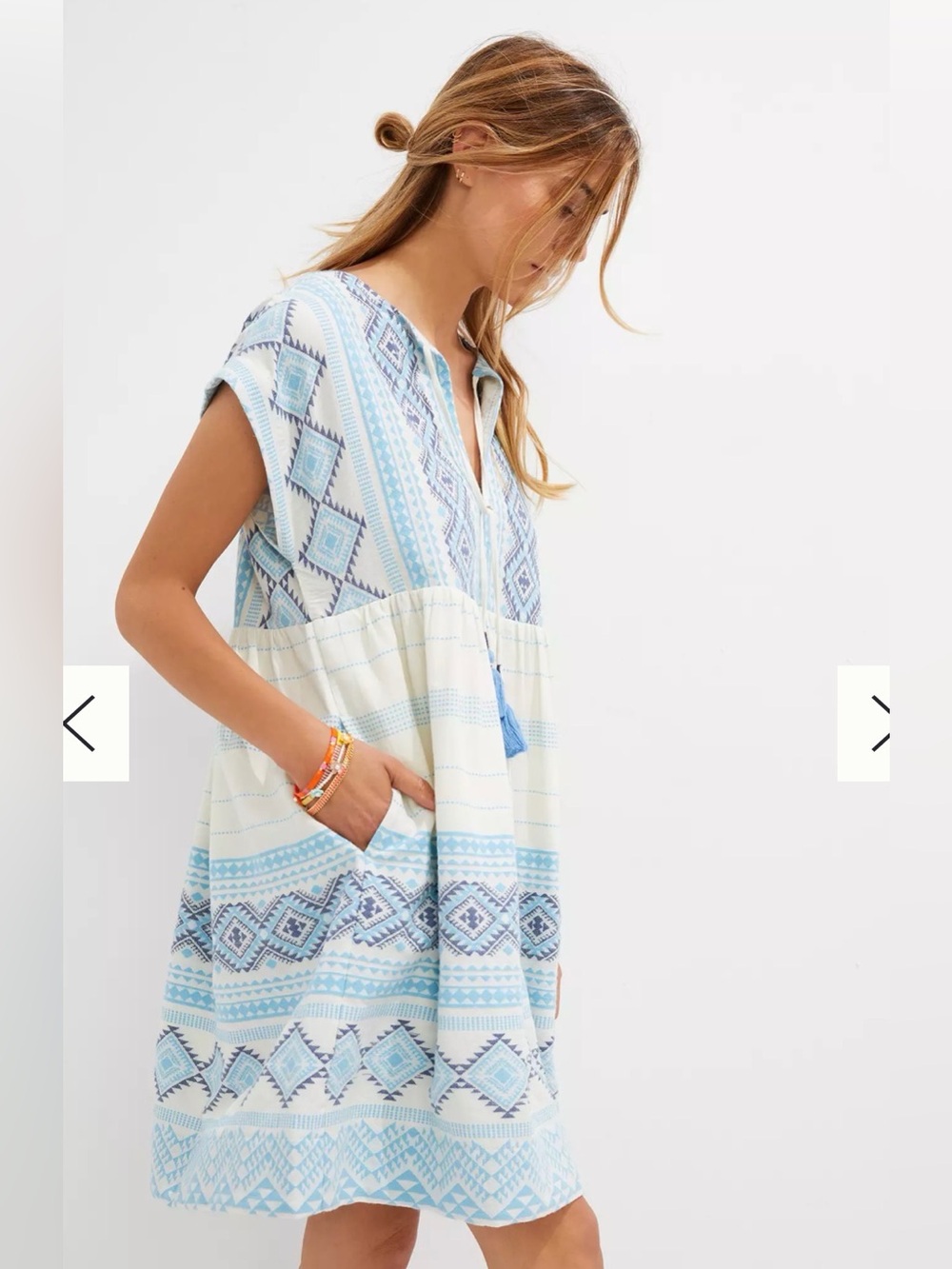 Anthropologie Jacquard Tunic Dress, Blue geometric motif, small